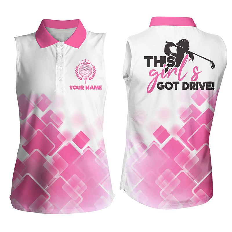 Women Sleeveless Polo Shirt This Girl’S Got Drive Custom Name Pink Pattern Golf Shirts For Women