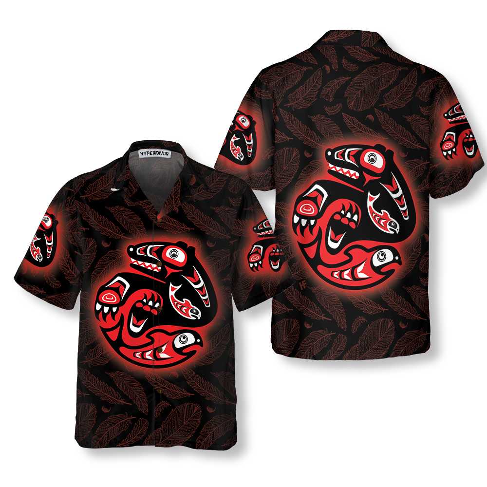 Bear Catching Salmon Native American Hawaii Feather Seamless Pattern Indian Shirt Ha62609