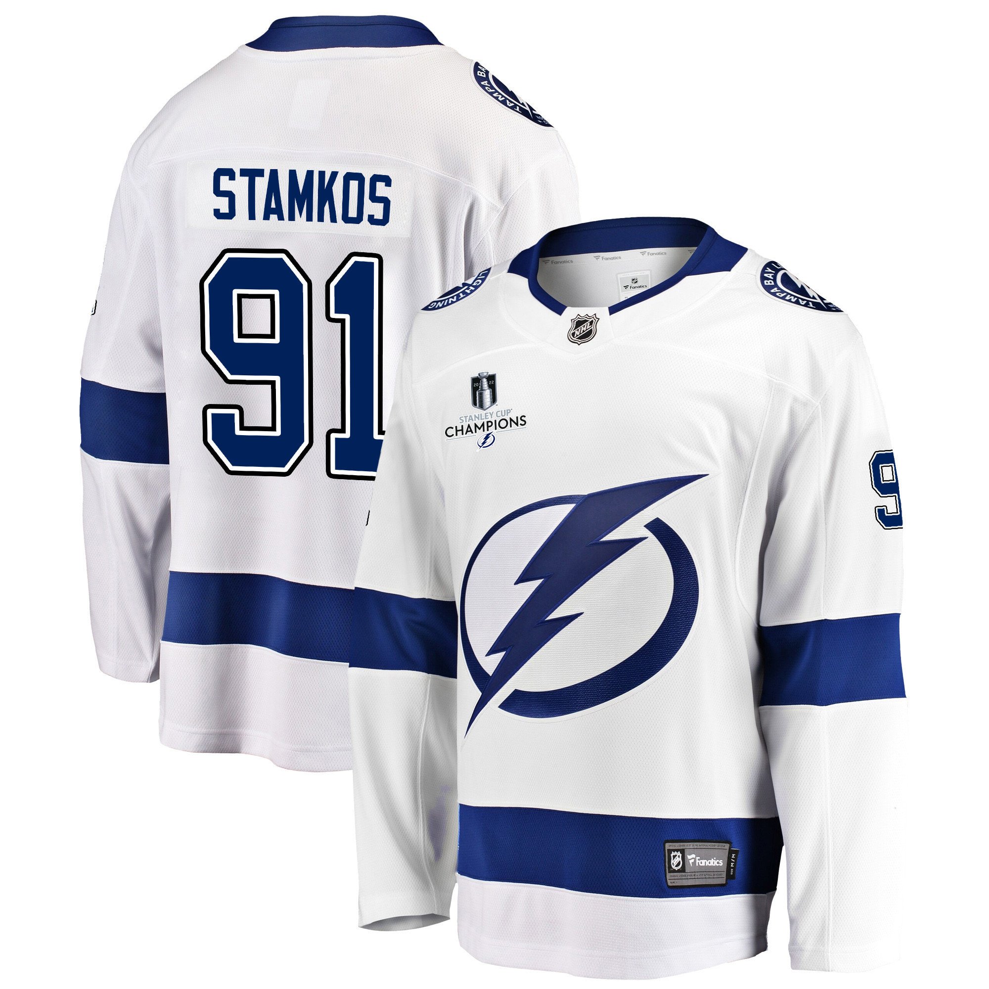 Tampa Bay Lightning Steven Stamkos 91 Away 2022 Stanley Cup Champions Breakaway Men Jersey – White