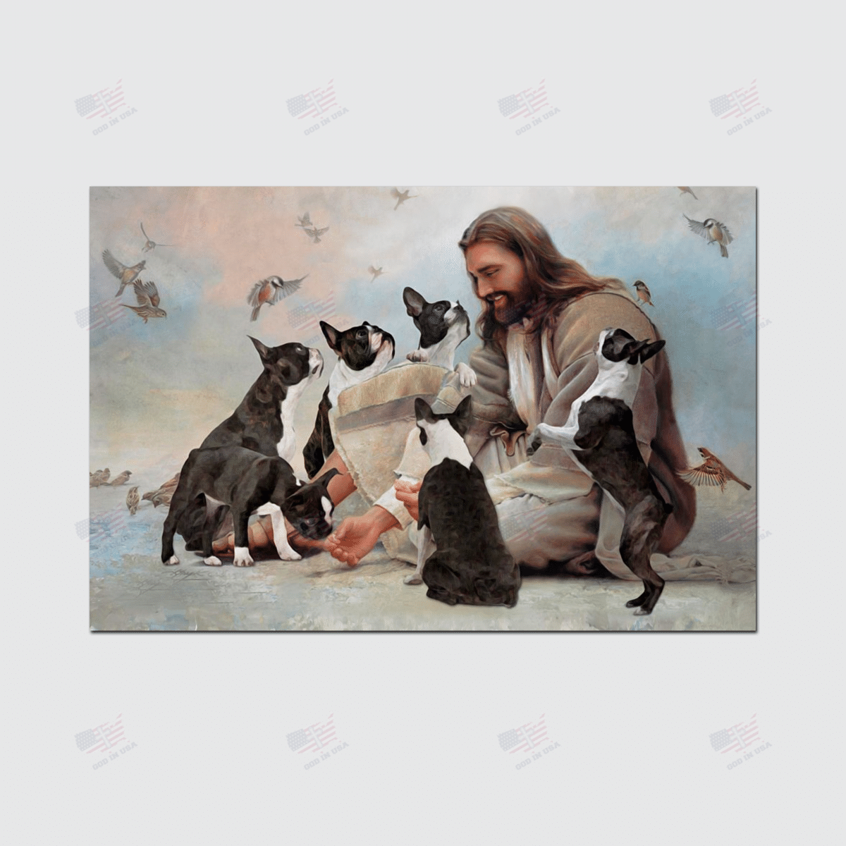 God Surrounded By Boston Terrier Angels Poster Canvas