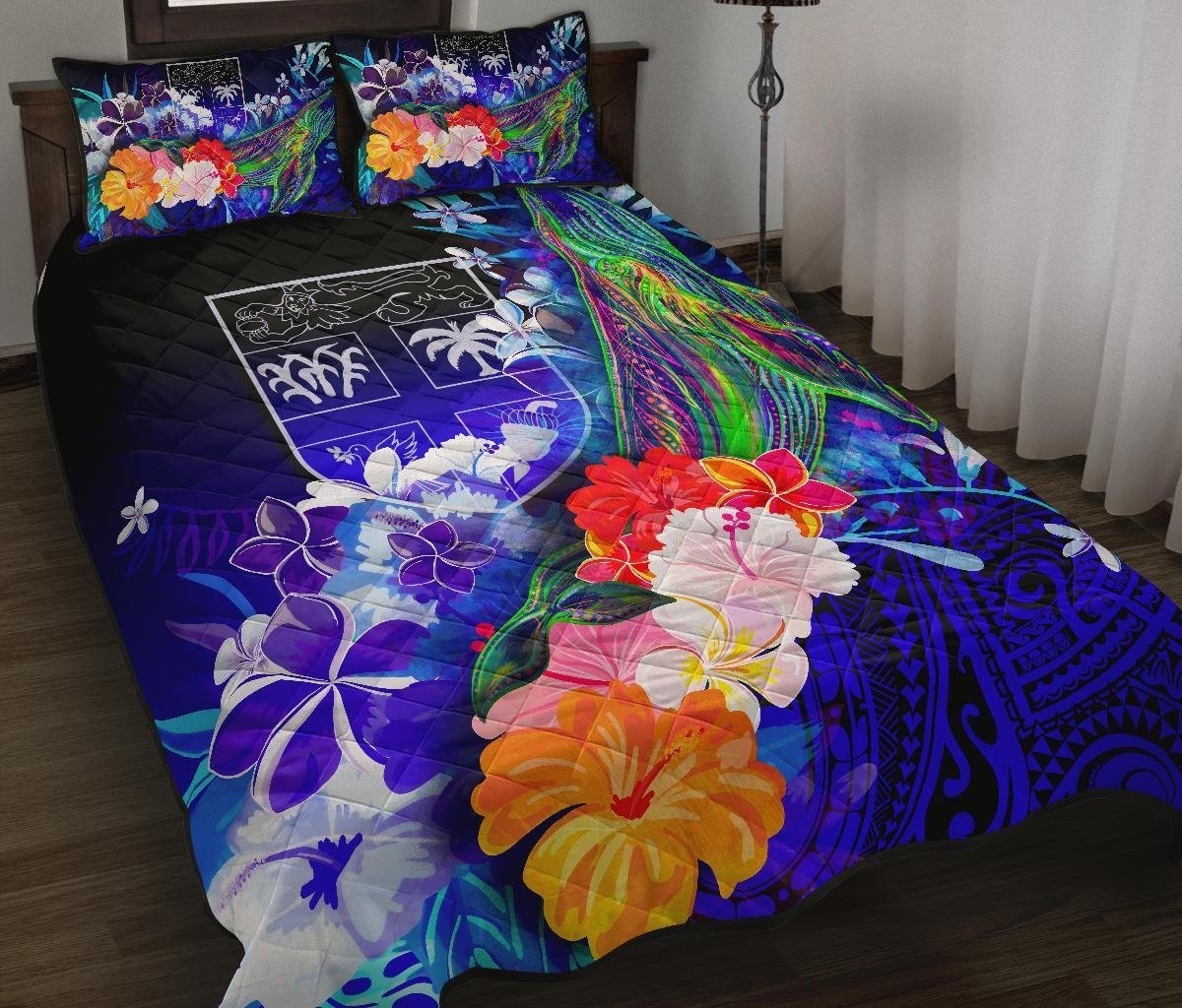 Fiji Quilt Bed Set – Humpback Whale With Tropical Flowers (Blue)