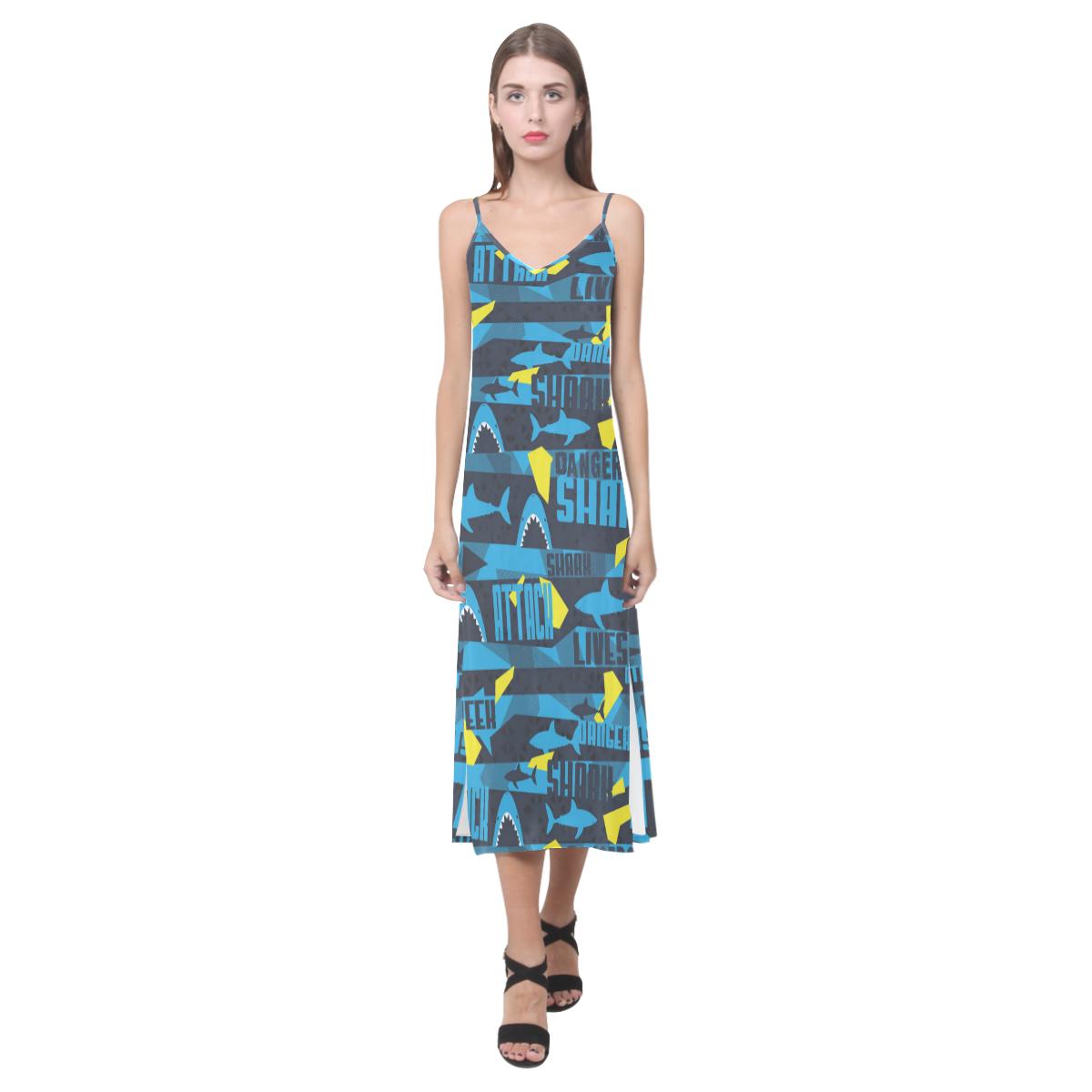 Shark dangerous V-Neck Open Fork Long Dress