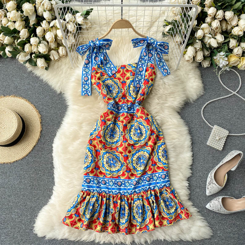 ALPHALMODA Women Summer Vintage Sundresses Sleeveless Bow Straps Printed Ruffles Dress Slim Fit Frill Retro Holiday Dress alx