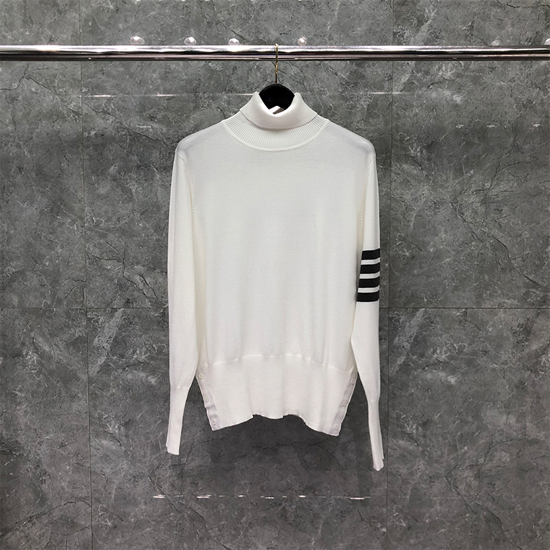 TB THOM Sweaters Male Autunm Winter Fashion Brand Men’s Clothing Classic White 4-Bar Design TurtleNeck Stripe Knit TB Pullovers alx