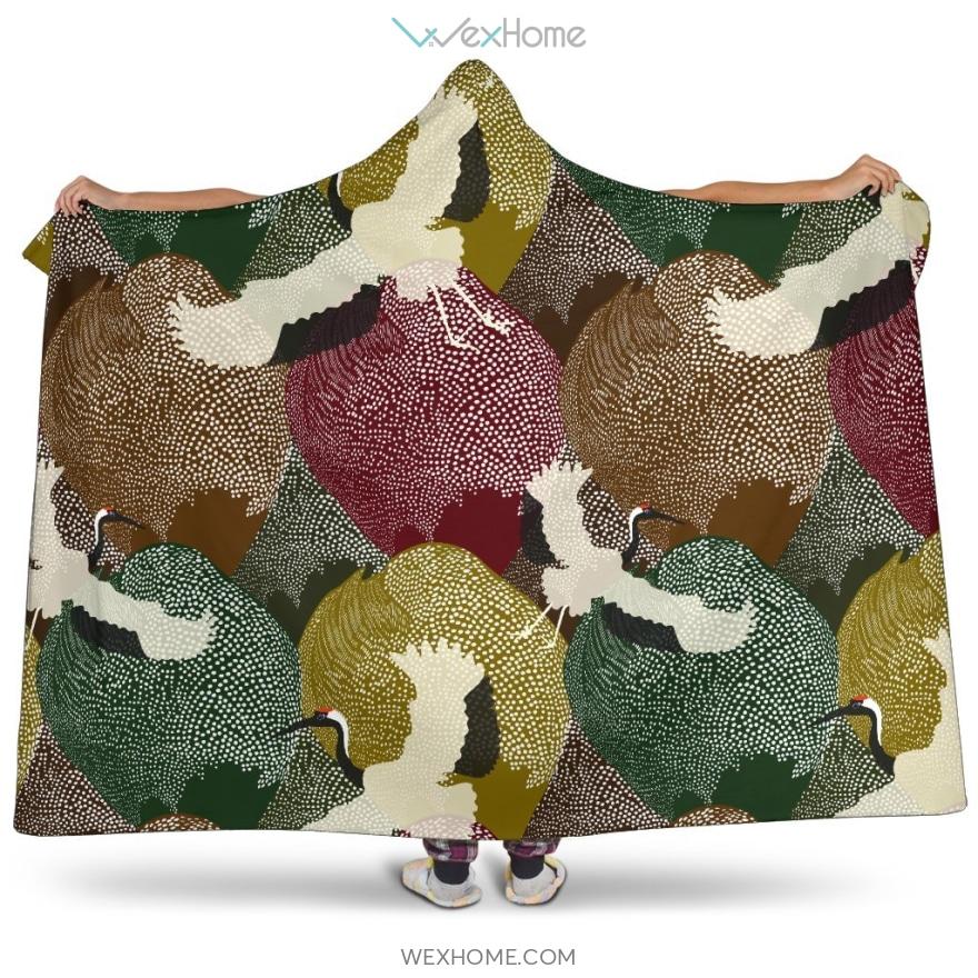 Japanese Cranes Flying Forest Dot Pattern Hooded Blanket