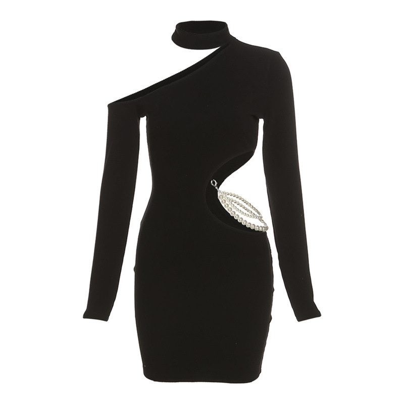 #4211 Spring Autumn Black Dress Women Long Sleeve Hollow Out Sexy Skew Collar Pencil Dress Female Tight Irregular Woman Dress alx