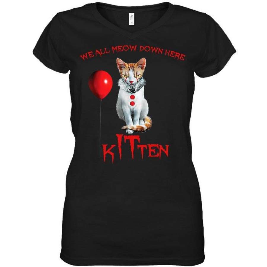 We All Meow Down  Here Kitten Ladies V-Neck