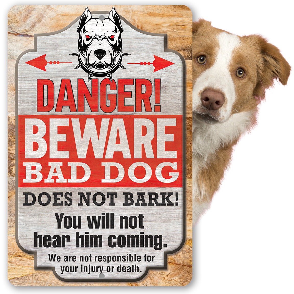 Danger! Beware Bad Dog, Does Not Bark – Metal Sign – Choose 8″x12″ or 12″x18″ Indoor or Outdoor – Entryway Sign and Gift For Dog Owners