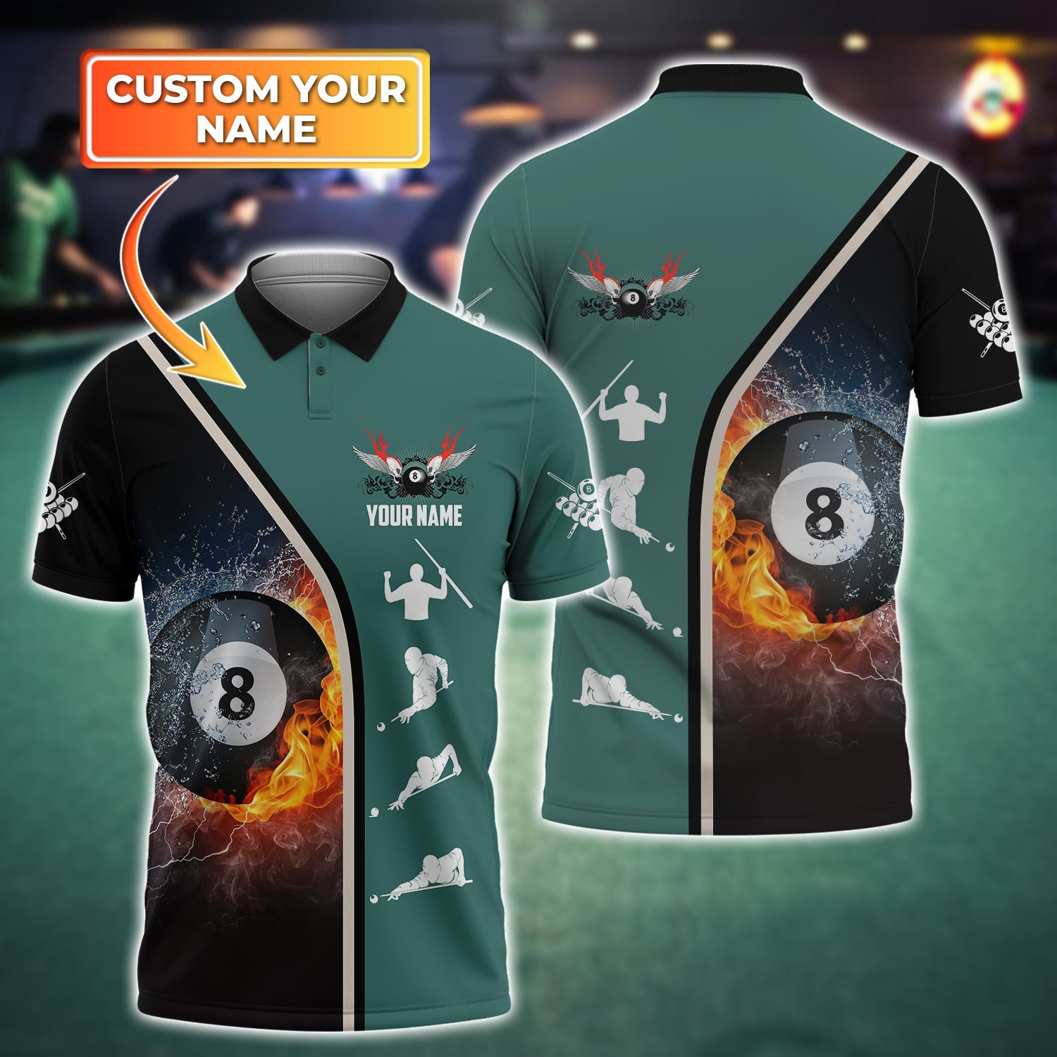 Personalized Billiard Wing Fire 3D Polo Shirt For Men Women, Billiard Uniform