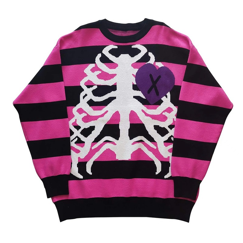 Spring Autumn Gothic Striped Sweater Women Korean Fashion Harajuku Knitted Pullovers Skull Print Y2k Aesthetic Grunge Jumpers alx