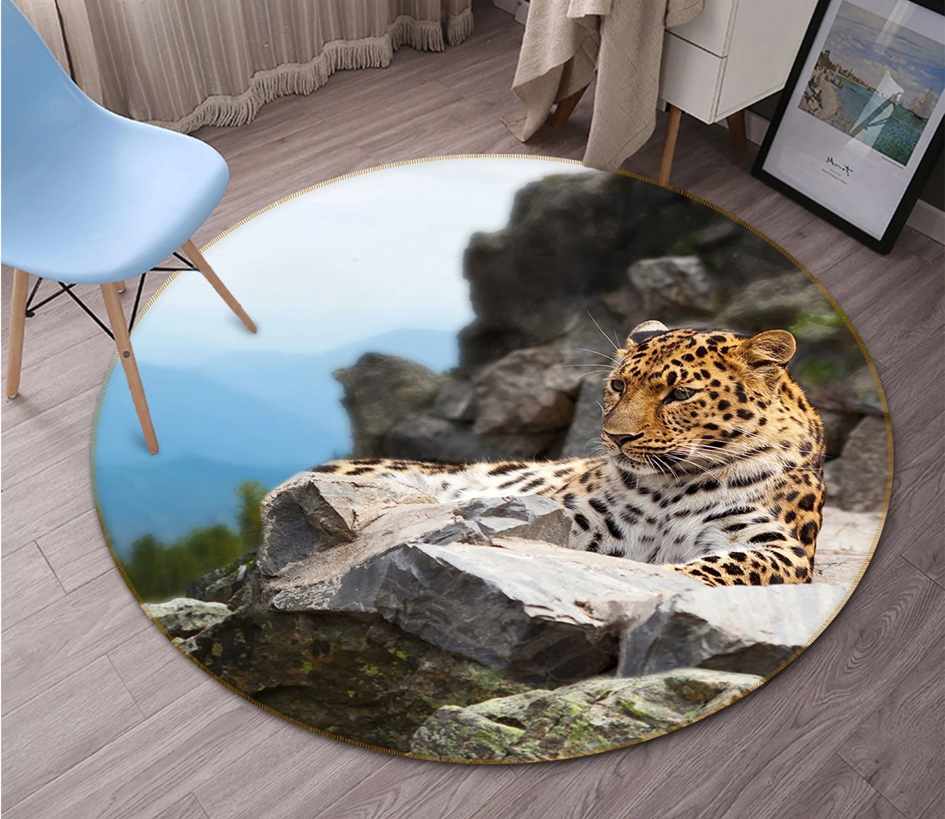 Relaxing Time Leopard Lying On Rock Printed Round Rug – Round Carpet Home Decor