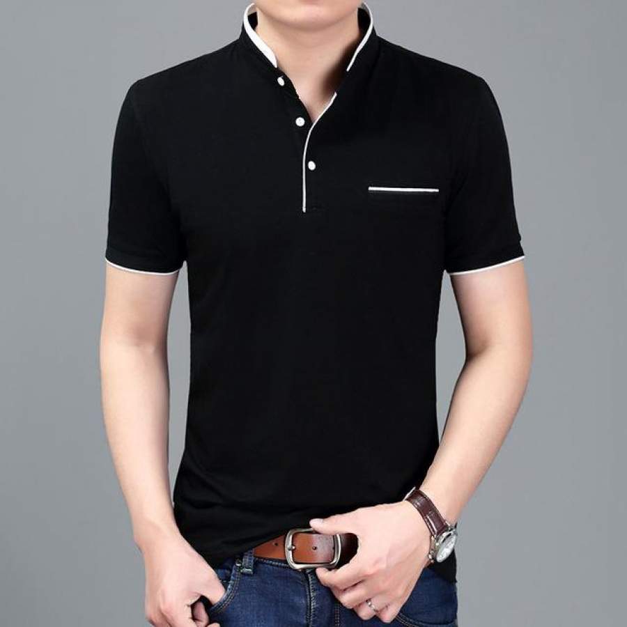 Summer Casual Stand Collar Polo Shirt Men Slim Fit Cotton