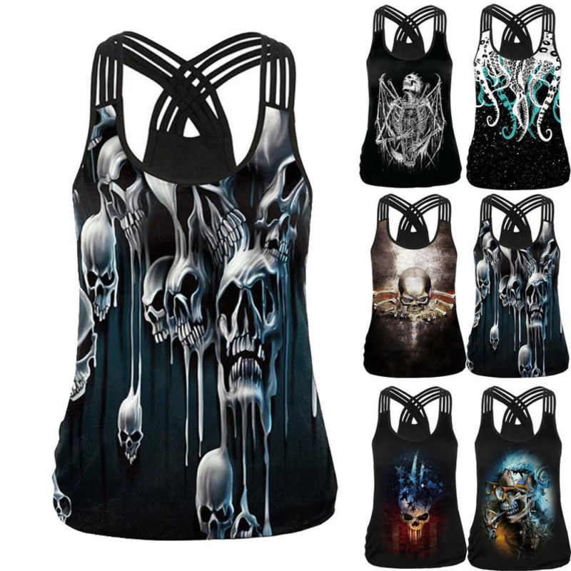 Summer Women’S Gothic Animal Tank Tops Sexy Hollow Out 3D Skull Print T-Shirts