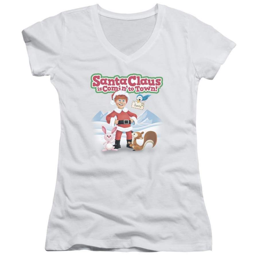 Santa Claus Is Comin to Town Animal Friends Juniors V-Neck T-Shirt