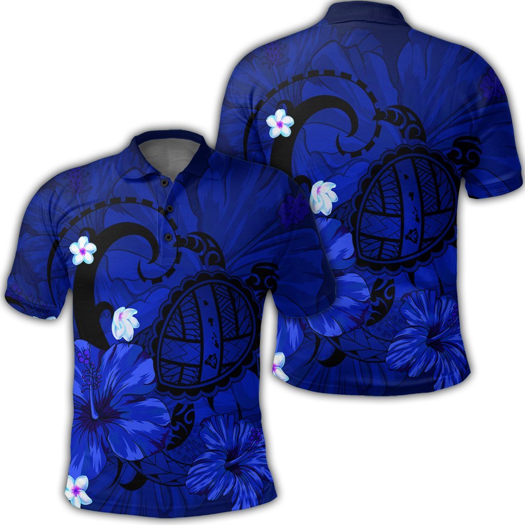 Hawaiian Map Big Turtle Hibiscus Plumeria Tribal Polynesian Polo Shirt – Blue – AH – J6R