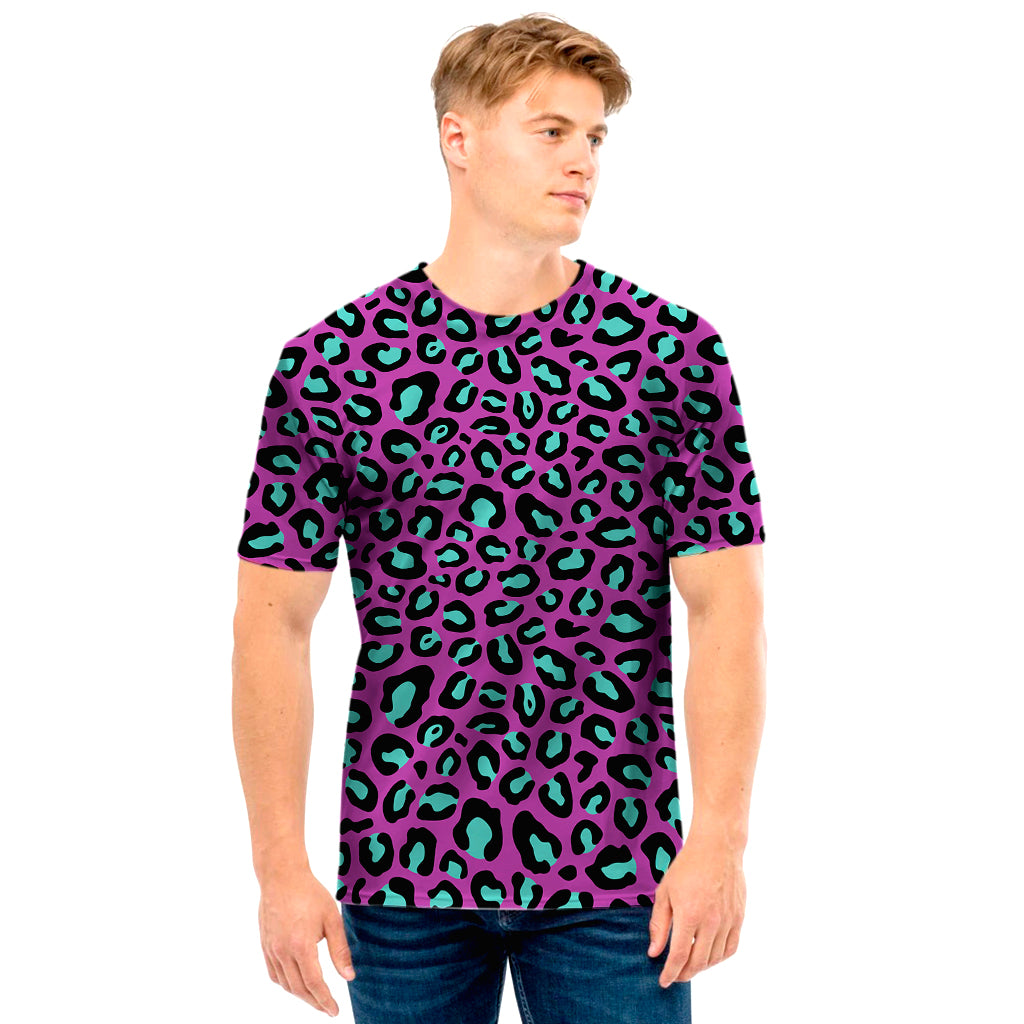 Purple And Teal Leopard Pattern Print Men’S T-Shirt