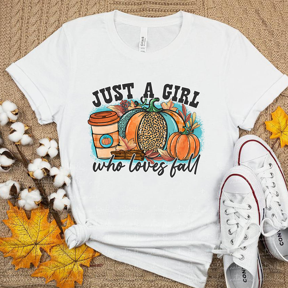 Classic T-Shirt For Women Just A Girl Who Love Fall Cute Leopard Pumpkin With Maple Leaves & Cup Printed