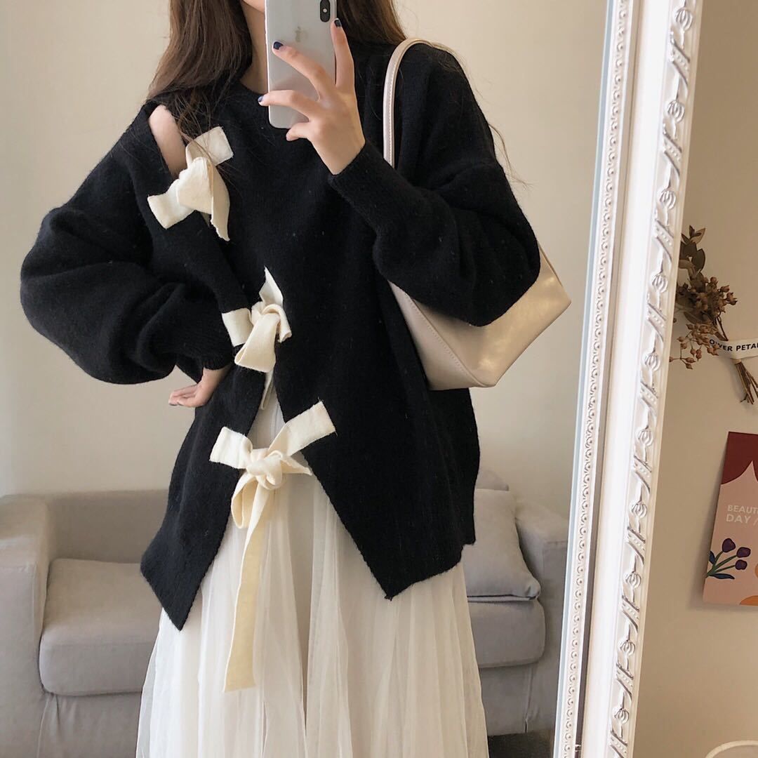 2021 Women Winter Mesh Skirt Suit Feamle Bow O-neck Long Sleeve Sweater + Elastic Waist Print A-line Long Skirt 2 Piece Set G908 alx