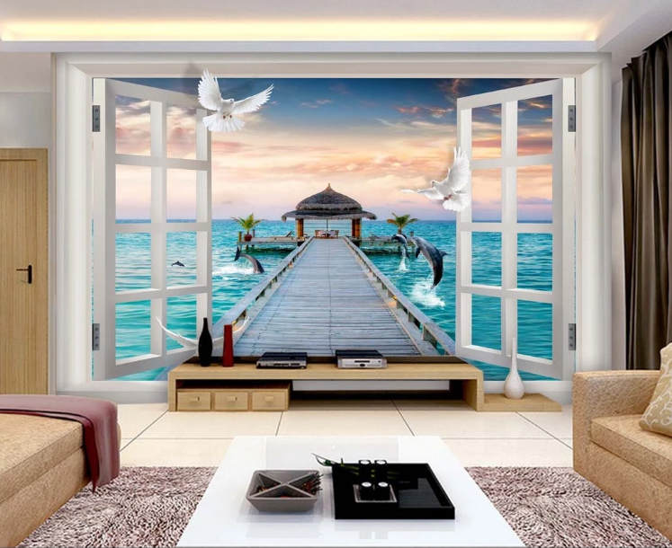 3D Window Seascape Trestle Sea Hut Dolphin Pigeon Wall Mural Wallpaper Sf532