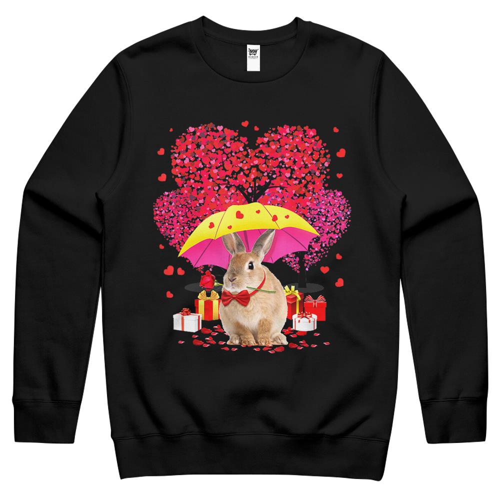 Rabbit Bunny Valentines Day Three Tree And Raining Hearts Crewneck Sweatshirt