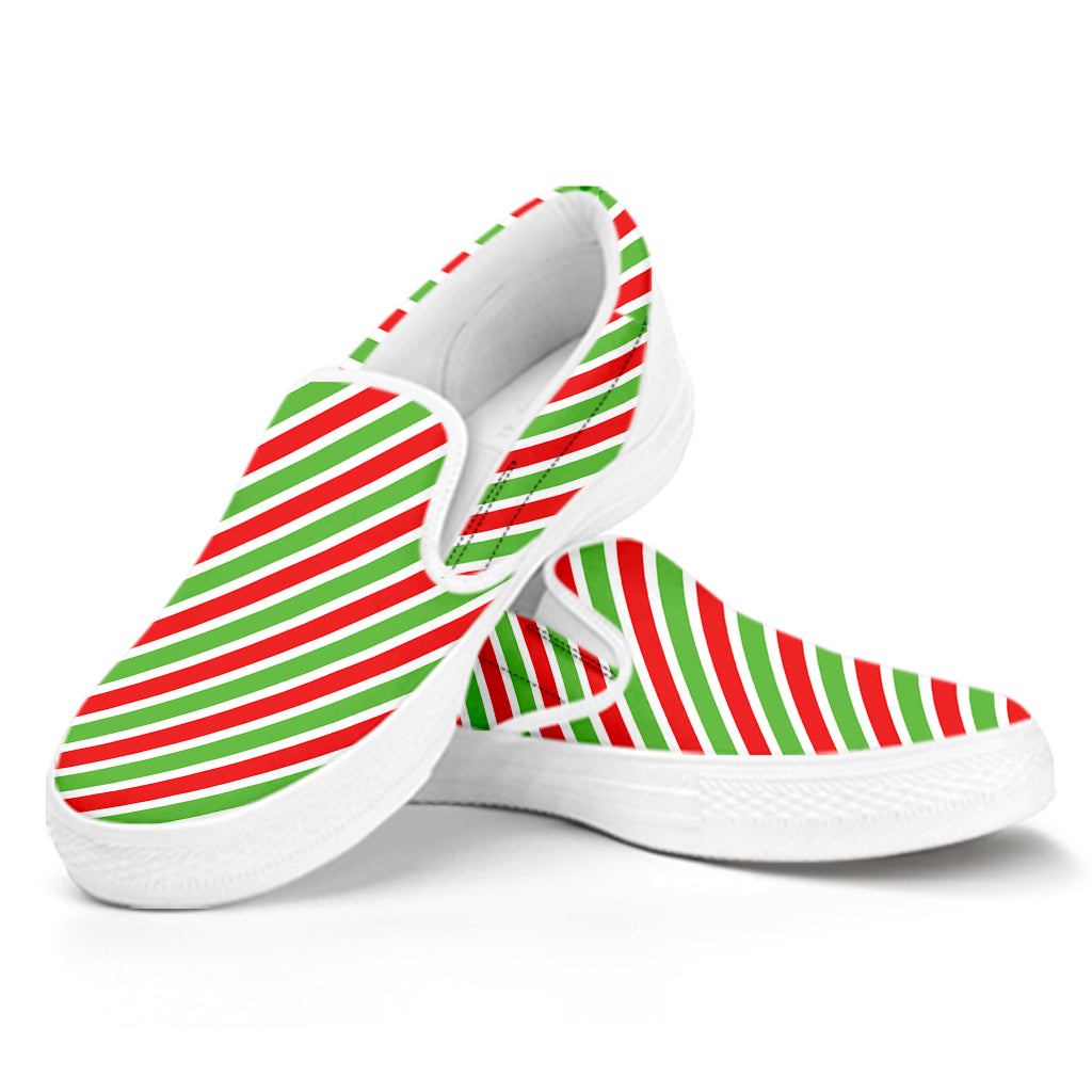 Red Green And White Candy Cane Print White Slip On Shoes