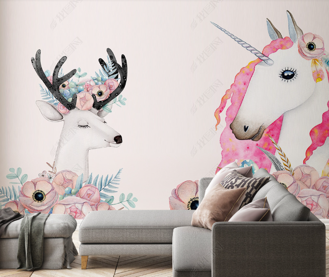 3D Hand Drawn Animal Unicorn Elk Wall Mural Wallpaper Lqh 23