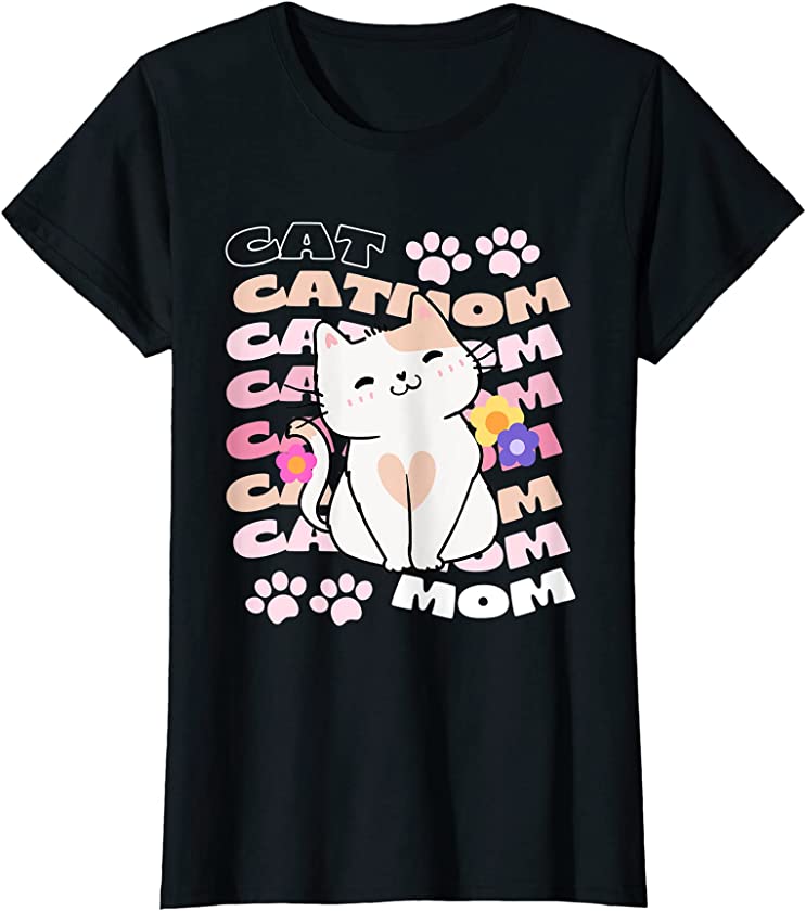 Womens Retro Cat Mom Shirt Groovy Text Cute Kitten Heart Pink Text T-Shirt