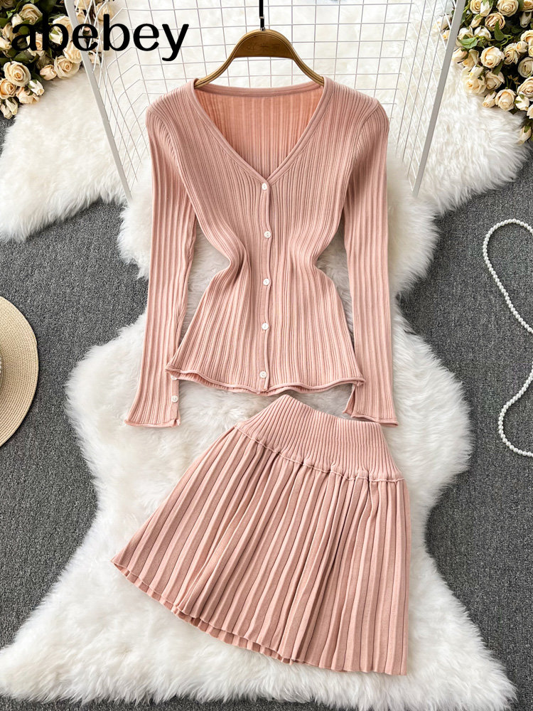 Women Pink Knitted Two Pieces Suits Single Breasted Short Cardigan+Short Skirt Winter A2K Sweater Sets alx