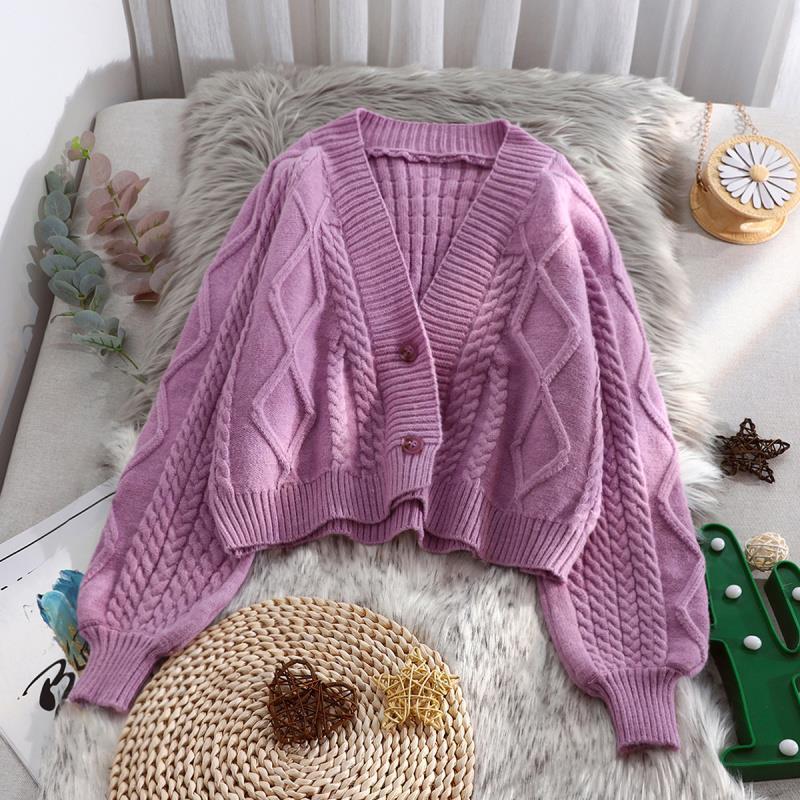 Autumn Winter V Neck Lantern Sleeve Cardigans For Women Casual Solid Color Twisted Pattern Crop Knitting Jakcet Ladies Sweater alx