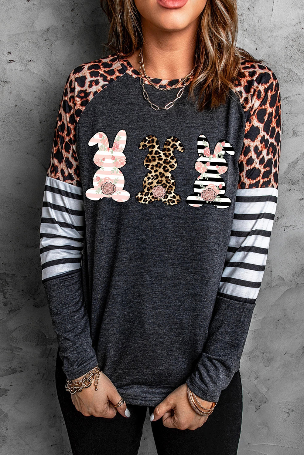 Easter Rabbit Striped Leopard Patchwork T-Shirt