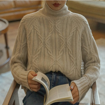 2022 Autumn Winter New High Neck Sweater Women Cable Wool Sweater Knitting Thick Loose Large Size Wool Bottoming Sweater Tide alx