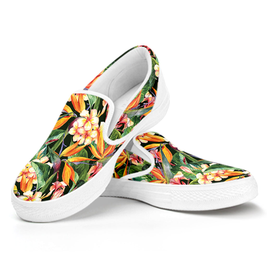 Watercolor Bird Of Paradise Print White Slip On Shoes