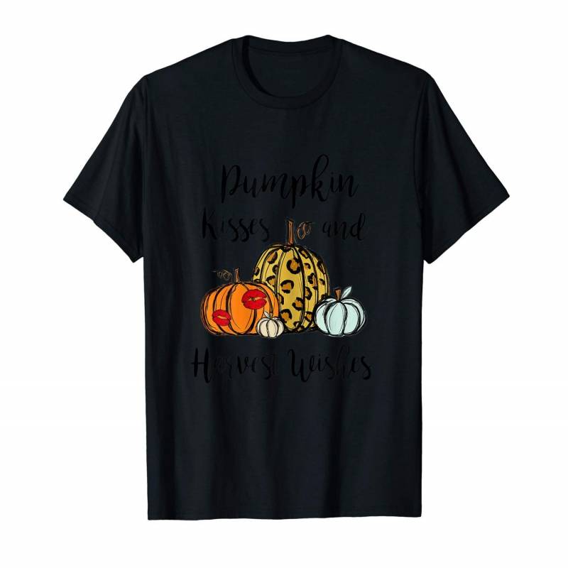 Womens Leopard Pumpkin Kisses Harvest Wishes Autumn Thanksgiving T-shirt