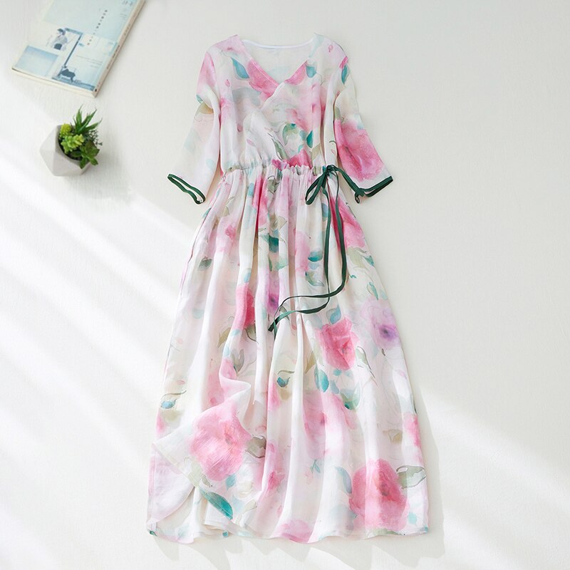 2022 New Arrival V-neck Print Floral Loose Cozy Summer Dress Draw String Slim Office Lady Work Dress Women Travel Casual Dress alx