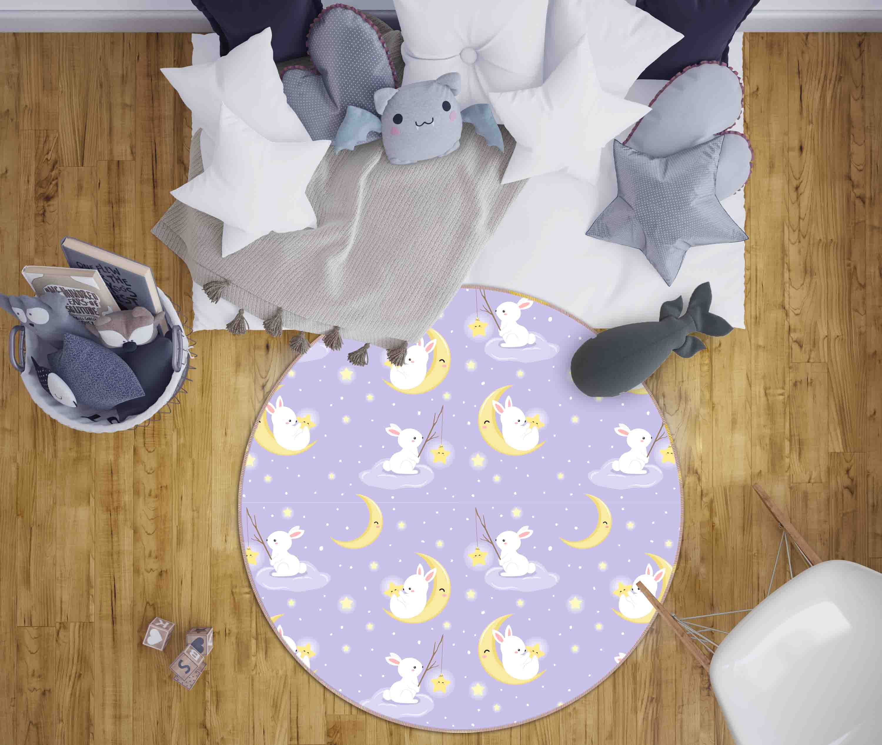 3D Cartoon Purple Rabbit Moon Kids Non-Slip Round Rug Mat 58