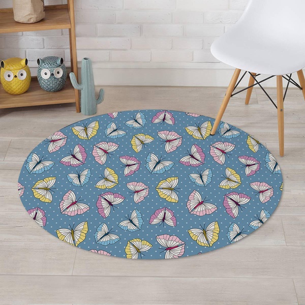 Blue Polka Dots Butterfly Print Round Rug