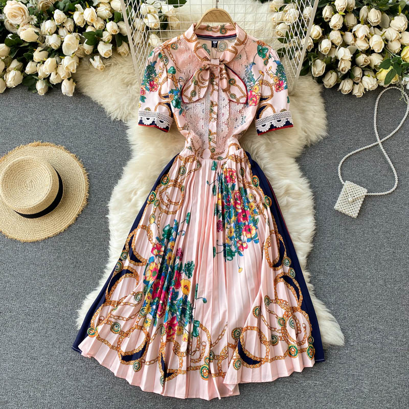 Banulin Summer Runway Designer Bow Neck Pleated Dress Women Lace Patchwork Floral Print Elegant Holiday Midi Dress Vestidos alx