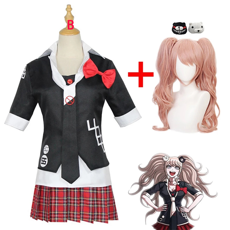 2021 New Anime Danganronpa Cosplay Costume Enoshima Junko Uniform Cafe Work Clothes Short Skirt Double Tail Braid Wig full set alx