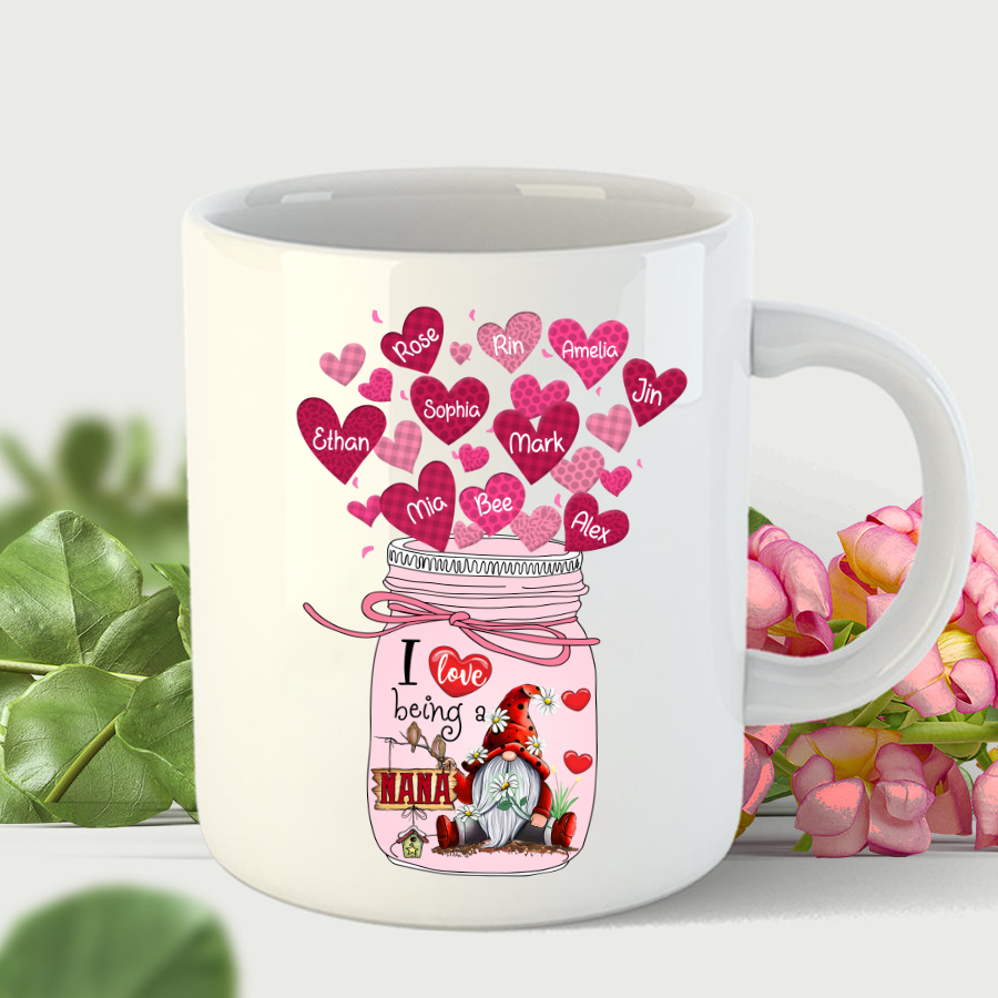 Personalized I Love Being Nana Gnome Hearts Mug