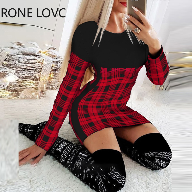 Women Casual Elegant Round Collar Long Sleeves Plaid Pattern Patchwrok Bodycon Dress alx