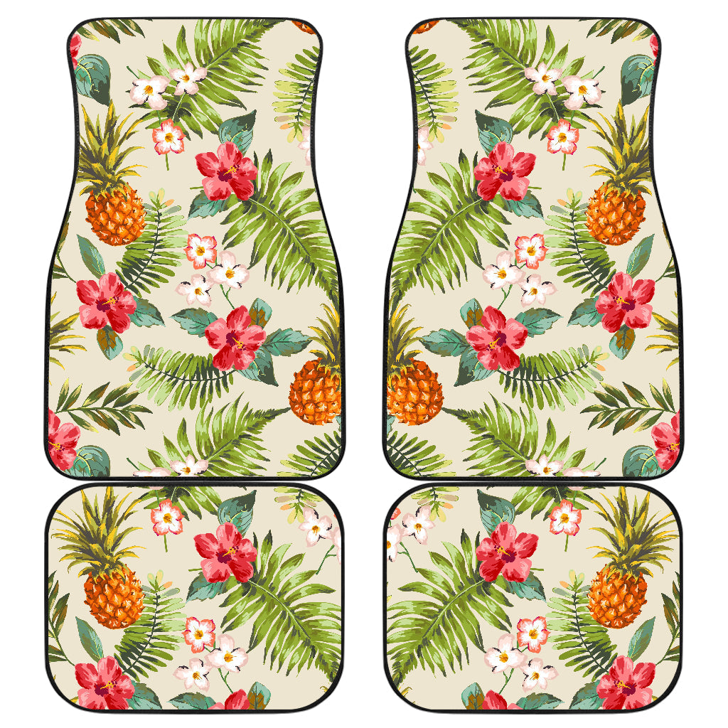 White Aloha Pineapple Pattern Print Front And Back Car Floor Mats, Front Car Mat