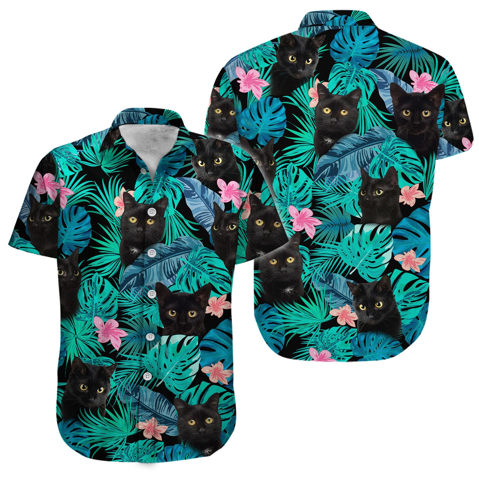 Black Cat Tropical Leaves Flower Button Shirt, Black Cat Button Shirt, Summer Cat Hawaiian Shirt, Cat Leaf Hawaiian Shirt, Summer Tropical Shirt