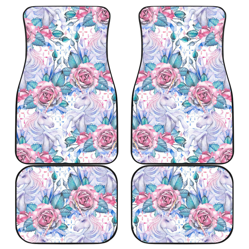 White Fairy Rose Unicorn Pattern Print Front And Back Car Floor Mats, Front Car Mat