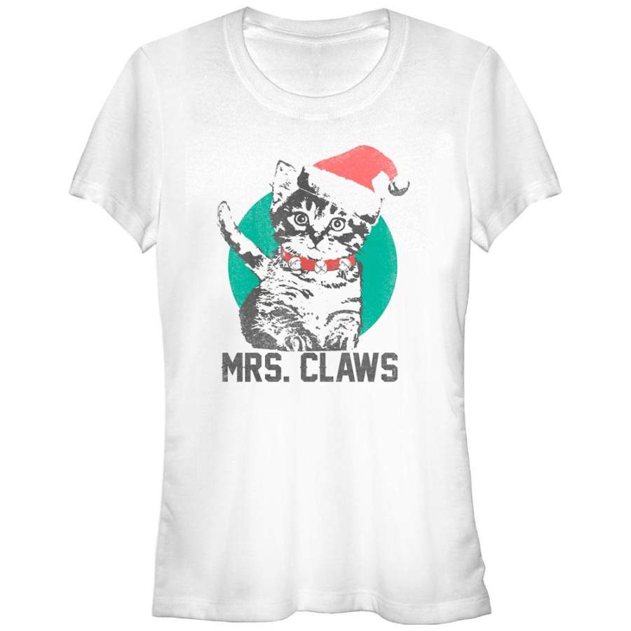 Lost Gods Junior’s Christmas Kitten Mrs. Claws  T Shirt White