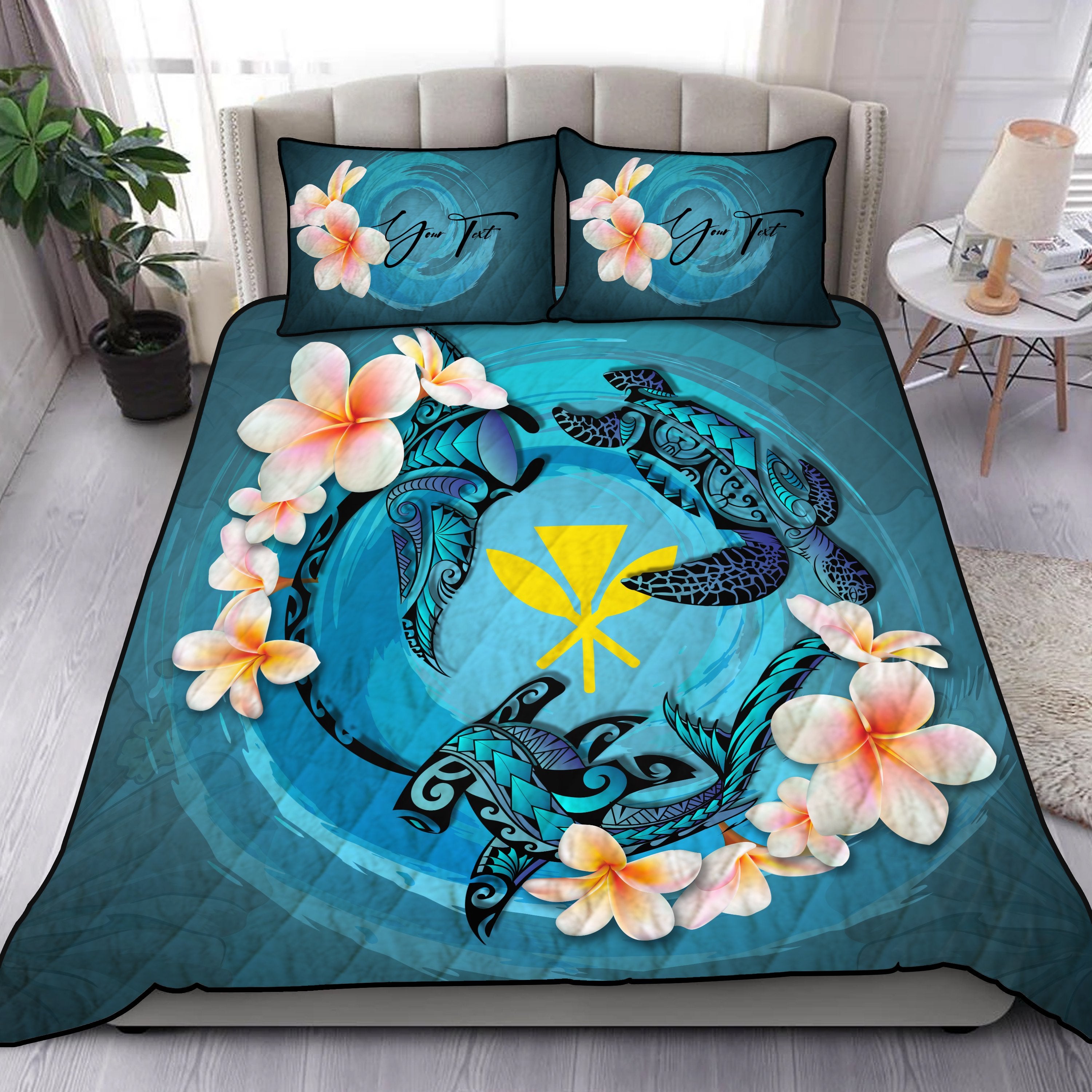 (Custom) Hawaii Quilt Bed Set – Blue Plumeria Animal Tattoo Personal Signature