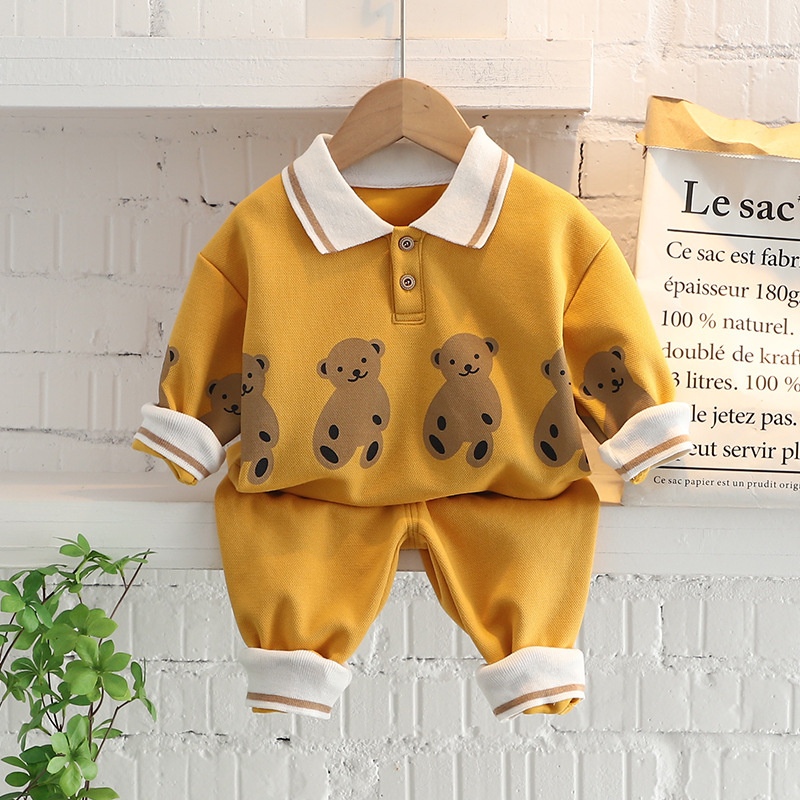 2022 Autumn New Baby Clothes Set Cartoon Bear Print Sweatshirts Outfit Casual Pants Girl Boy Tracksuit Suit Cute Kids Solid 2Pcs alx