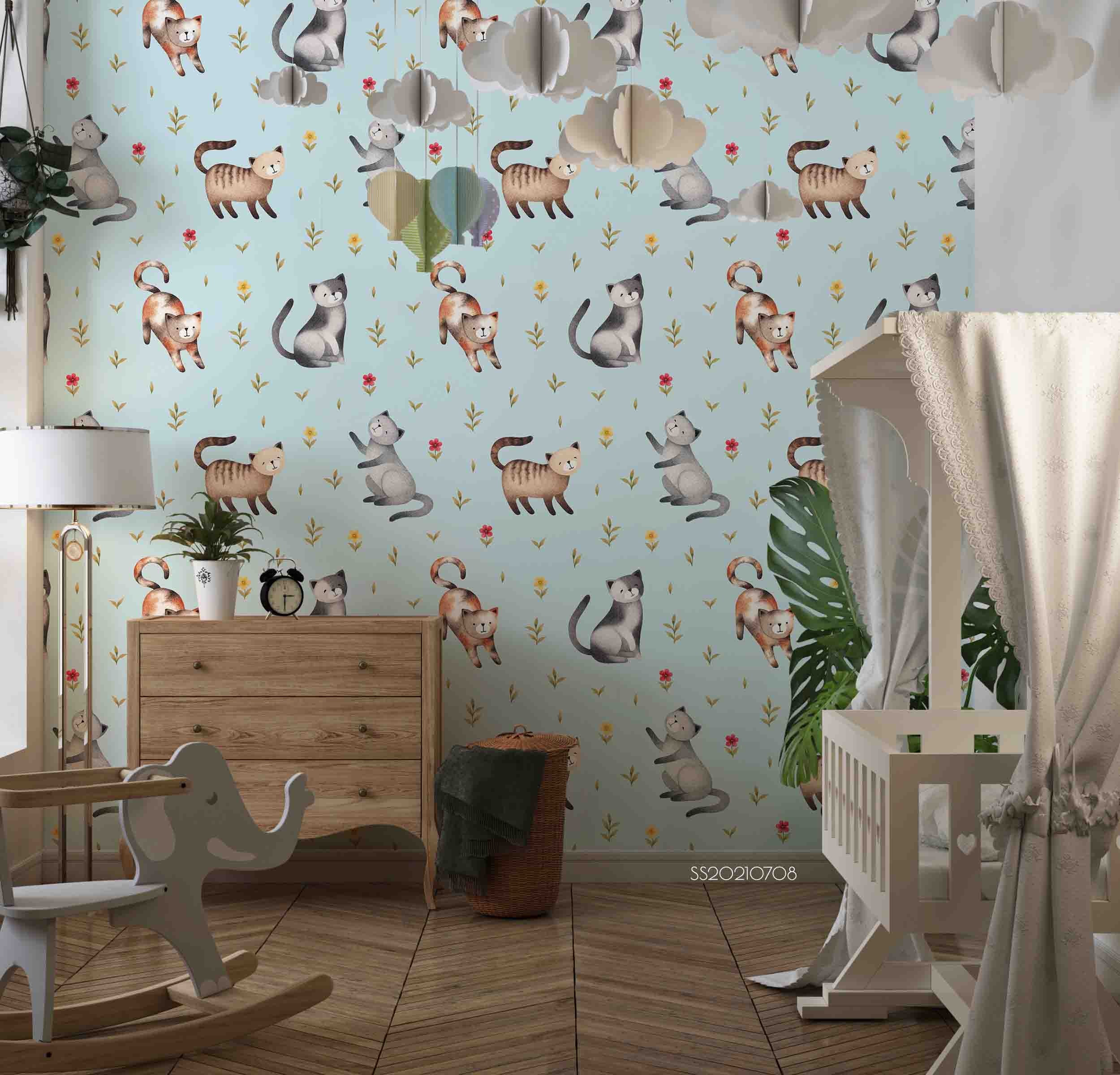 3D Hand Drawn Blue Animal Cat Floral Wall Mural Wallpaper Lqh 34