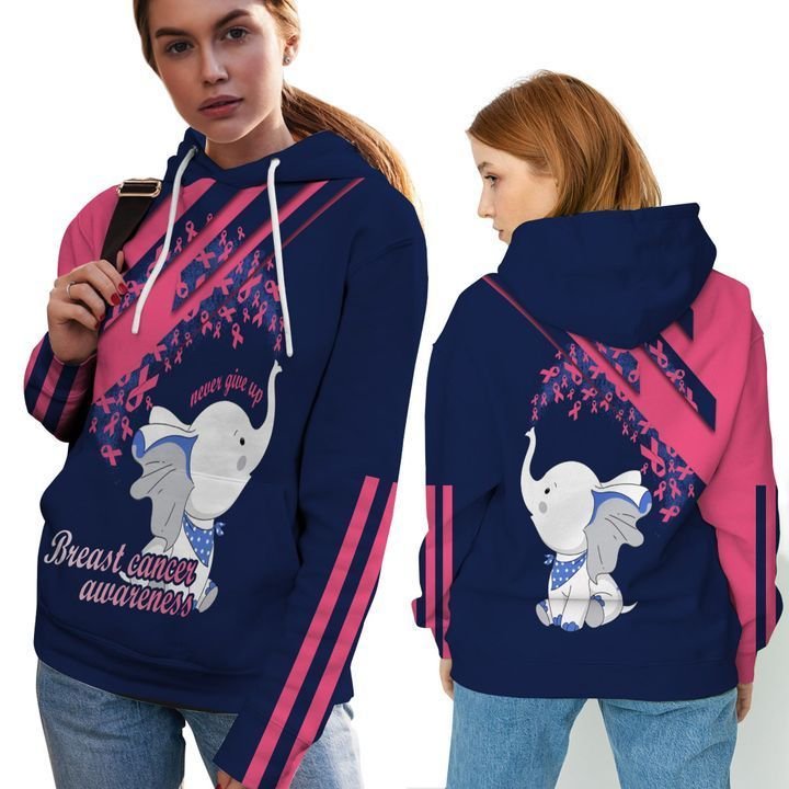 Never Give Up Little Elephant Pink Ribbons 3D Hoodie Shirt For Women With Breast Cancer