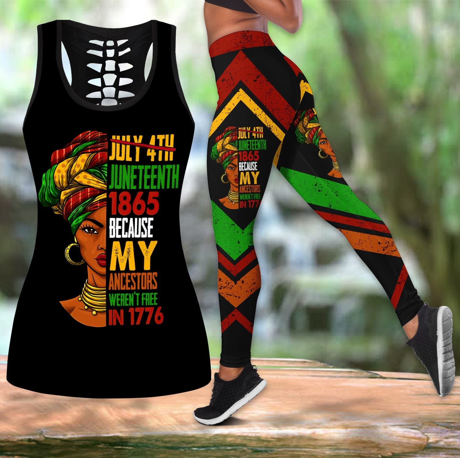 African Gift Woman Black Pride Juneteenth Flag Legging And Hollow Out Tank Top Set Outfit For Women | Adult | Lgs1840