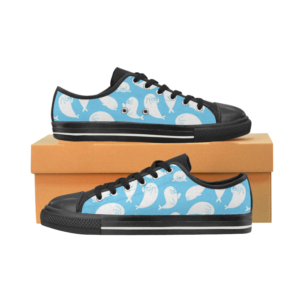 Cute White Sea Lion Seals Pattern Men’S Low Top Canvas Shoes Black Gift For Men Women